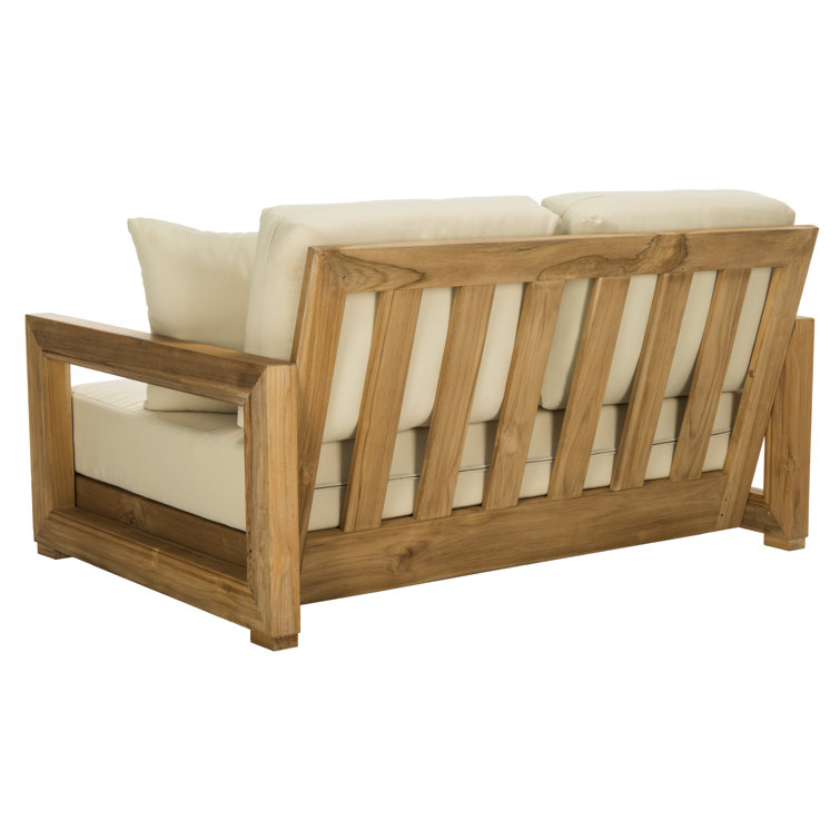 Teak and Beige Upholstered Outdoor Loveseat with Cushions