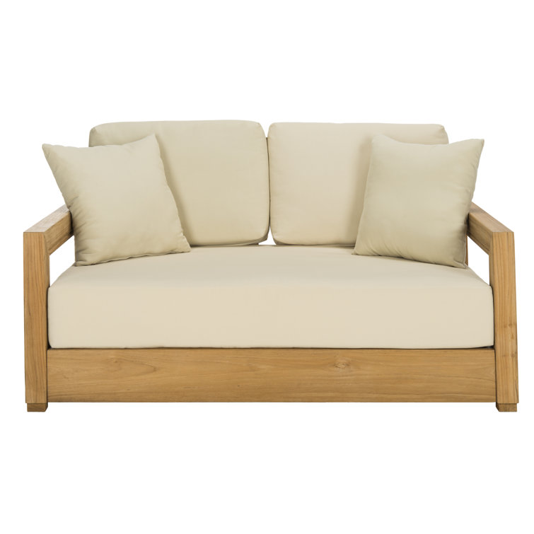 Teak and Beige Upholstered Outdoor Loveseat with Cushions