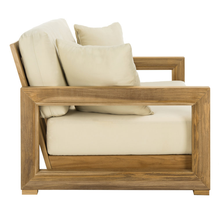 Teak and Beige Upholstered Outdoor Loveseat with Cushions