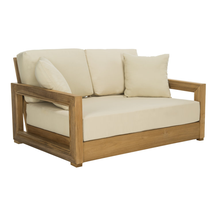 Teak and Beige Upholstered Outdoor Loveseat with Cushions