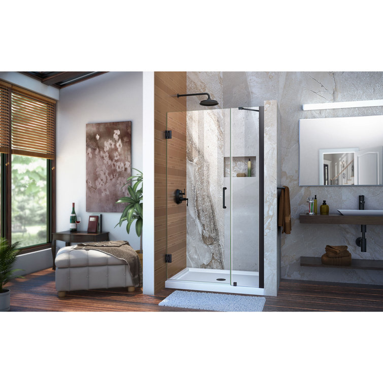 Unidoor 39" Matte Black Frameless Hinged Shower Door with Clear Glass