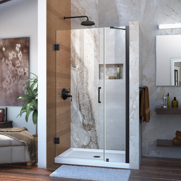 Unidoor 39" Matte Black Frameless Hinged Shower Door with Clear Glass