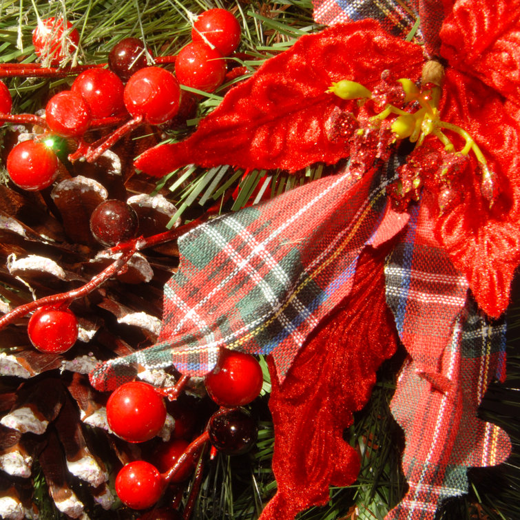 30" Red Tartan Plaid Christmas Wreath with LED Lights