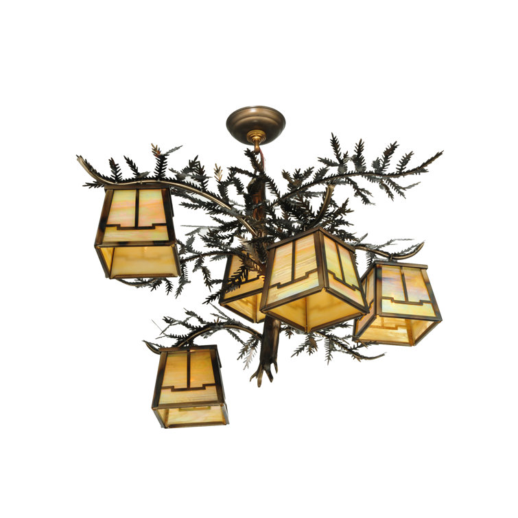 Rustic Pine Branch 5-Light Chandelier with Glass Shades