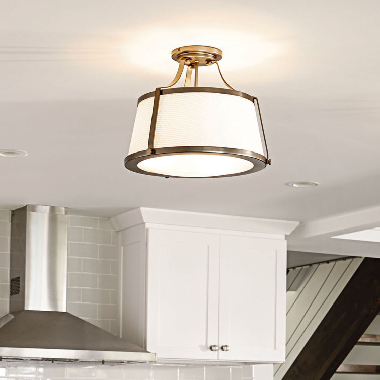 Charlotte Brushed Caramel 3-Light Semi-Flush Mount with Off-White Fabric Shade