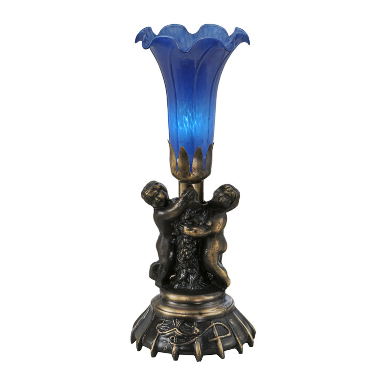 Blue Glass Cherub Table Lamp Set with Mahogany Bronze Base