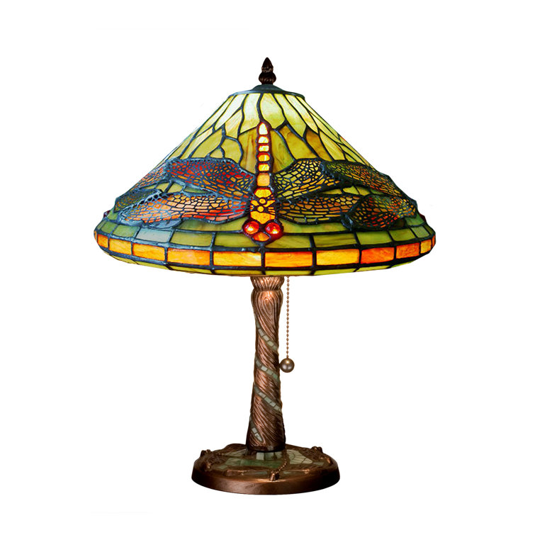 Green and Orange Stained Glass Dragonfly Table Lamp