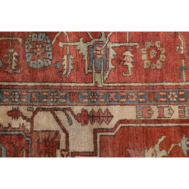 Hand-Knotted Rectangular Ivory and Rust Wool Area Rug, 6' x 9'