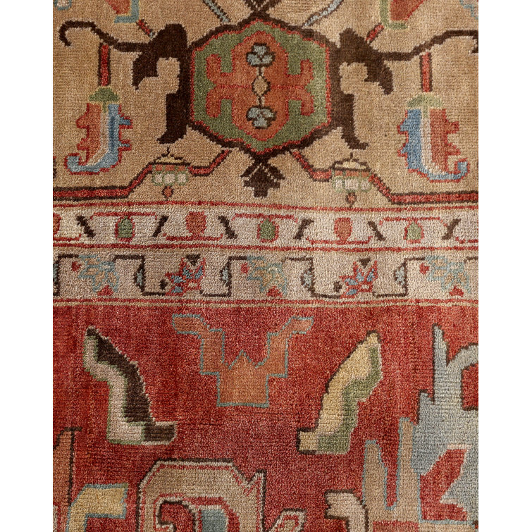 Hand-Knotted Gold and Rust Geometric Wool Rug, 10' x 14'