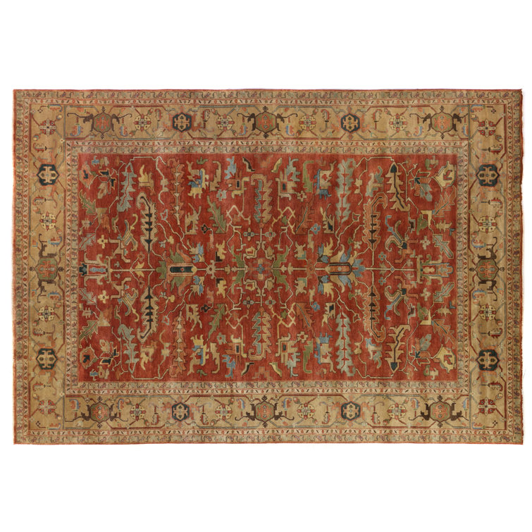Hand-Knotted Gold and Rust Geometric Wool Rug, 10' x 14'