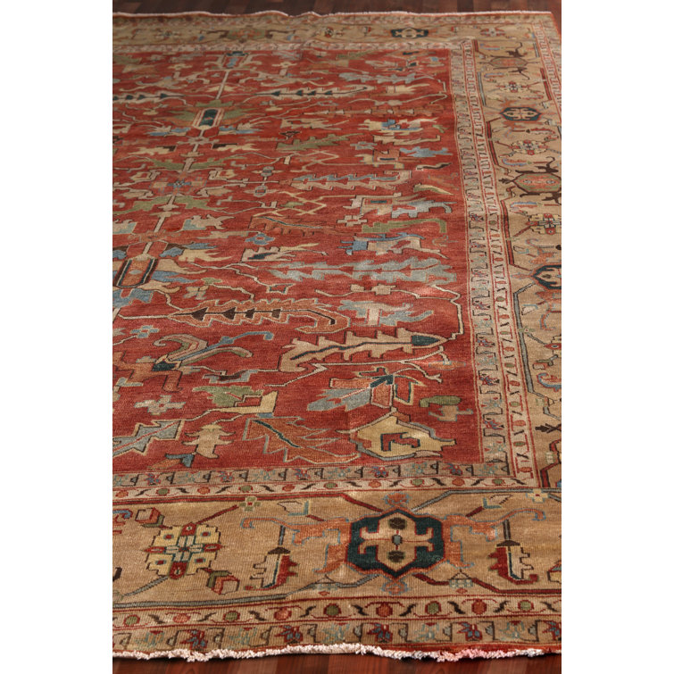 Hand-Knotted Gold and Rust Geometric Wool Rug, 10' x 14'