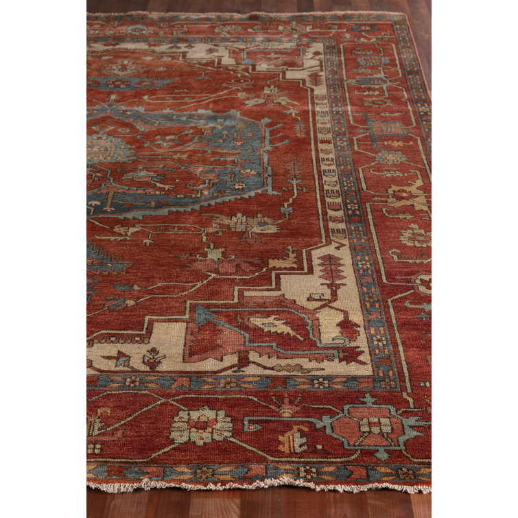 Hand-Knotted Rectangular Ivory and Rust Wool Area Rug, 6' x 9'