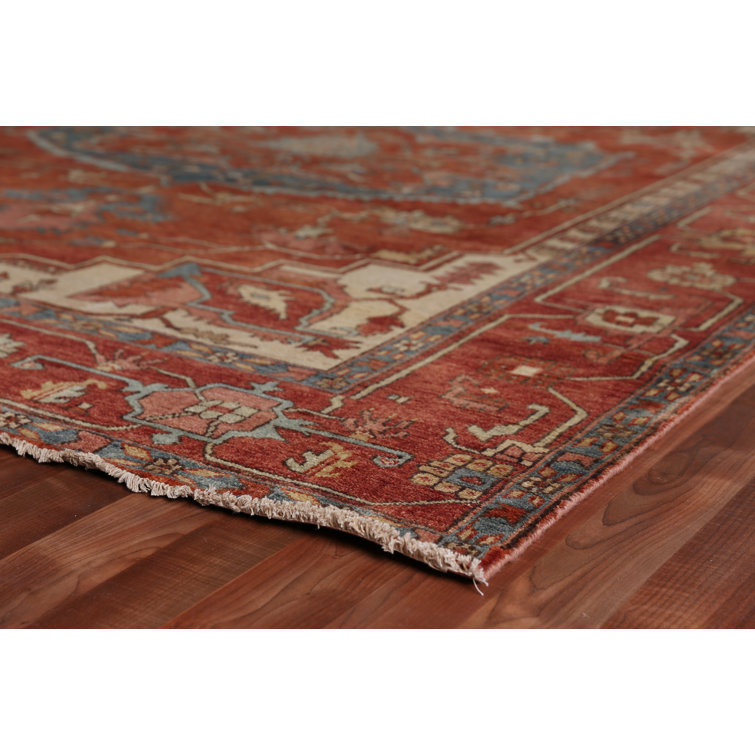 Hand-Knotted Rectangular Ivory and Rust Wool Area Rug, 6' x 9'