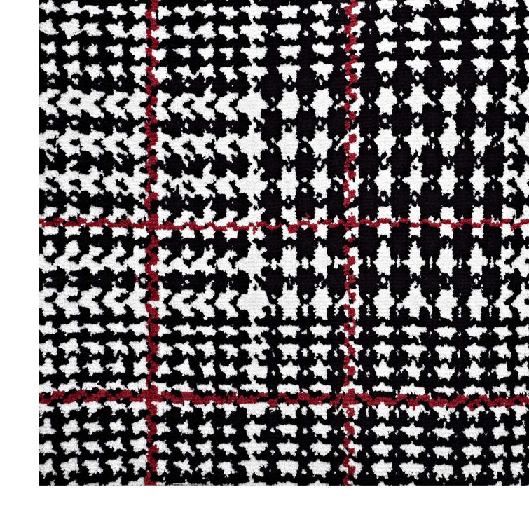 Kaja Black and White Synthetic Abstract Plaid Area Rug