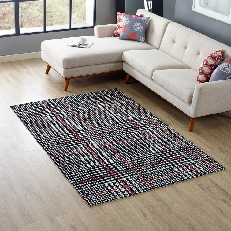 Kaja Abstract Plaid Ivory, Black, and Red Synthetic 5x8 Rug