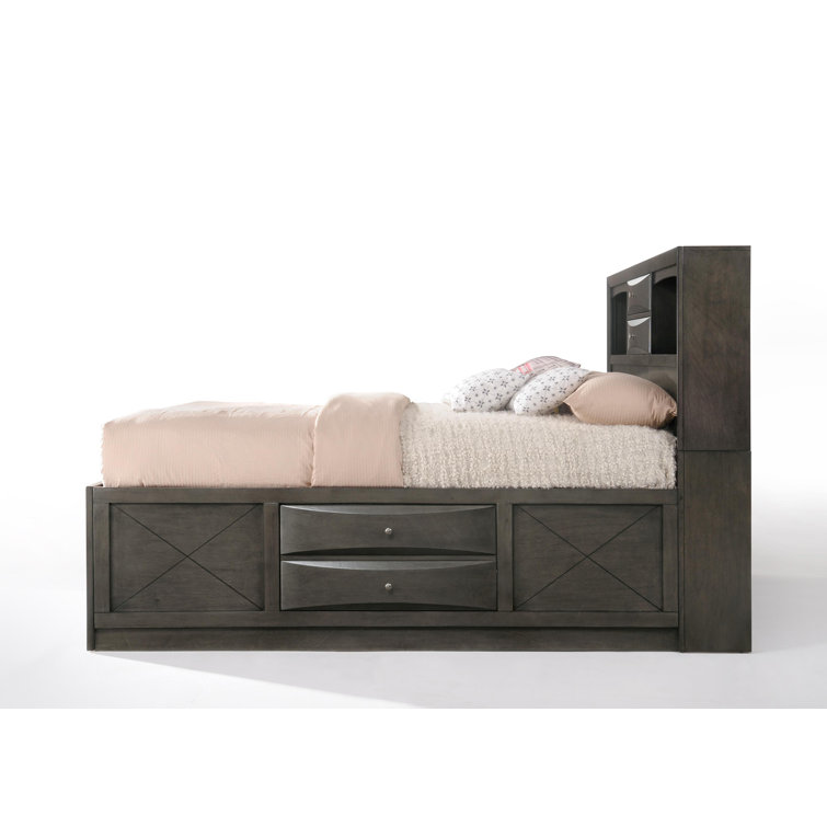 Gray Oak Full Double Captain's Bed with Bookcase and Storage