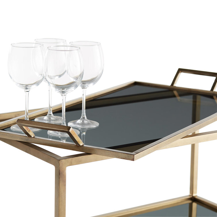 Jak 36" Antiqued Brass and Black Glass Bar Cart with Storage