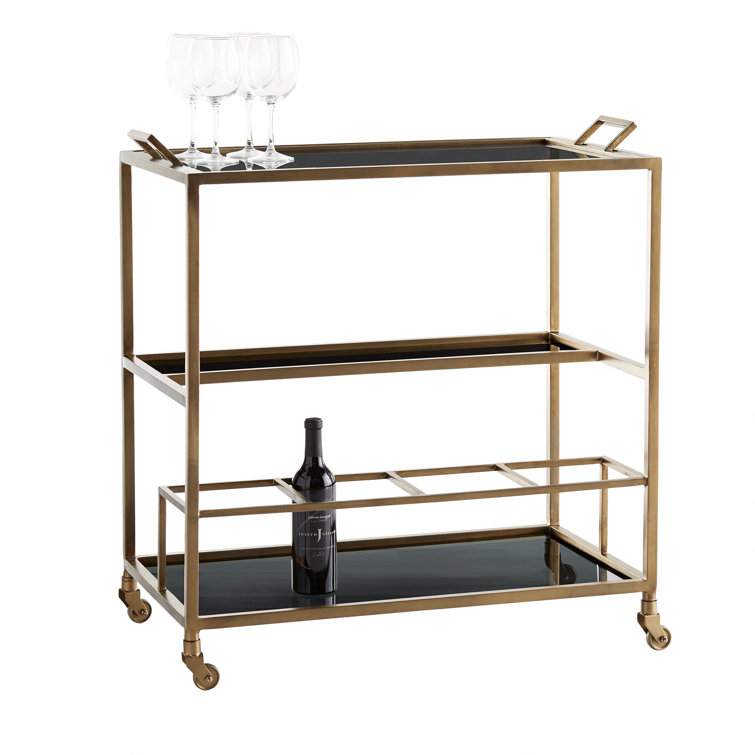 Jak 36" Antiqued Brass and Black Glass Bar Cart with Storage