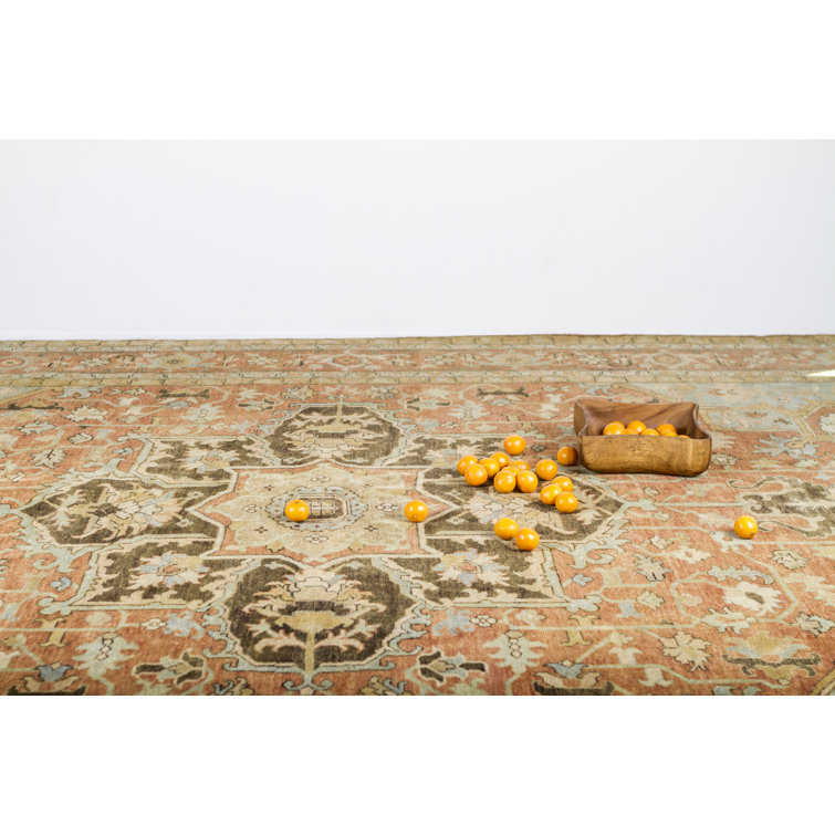 Hand-Knotted Blue and Rust Wool Geometric 9' x 12' Rug