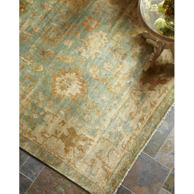 Hand-Knotted Beige and Dark Blue Wool Oriental Rug, 8' x 10'