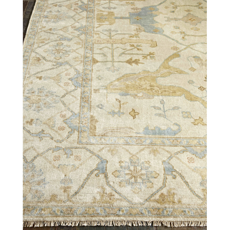 Hand-knotted Blue and Beige Wool Rectangular Area Rug