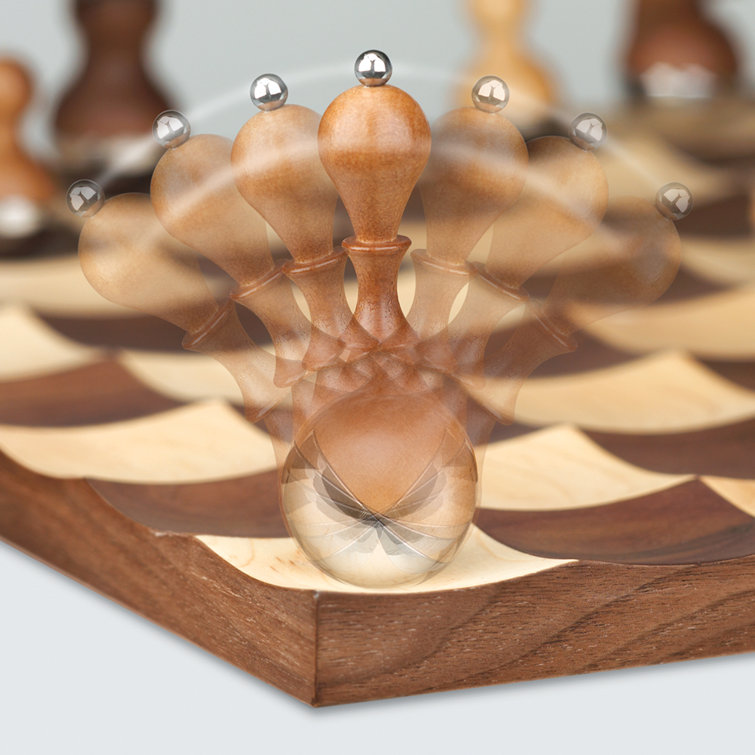 Modern Walnut and Maple Wobble Chess Set with Chrome Accents