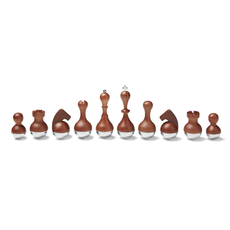 Modern Walnut and Maple Wobble Chess Set with Chrome Accents