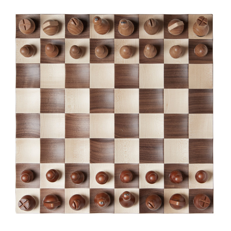 Modern Walnut and Maple Wobble Chess Set with Chrome Accents