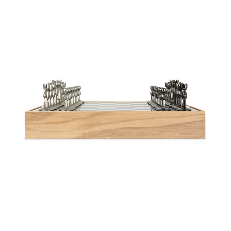 Natural Ashwood and Metal Modern Chess Set with Silver and Black Pieces