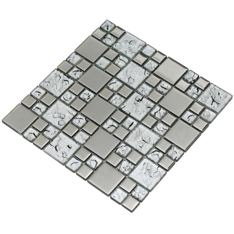 Polished Black and Silver Glass Mosaic Tile Sheet