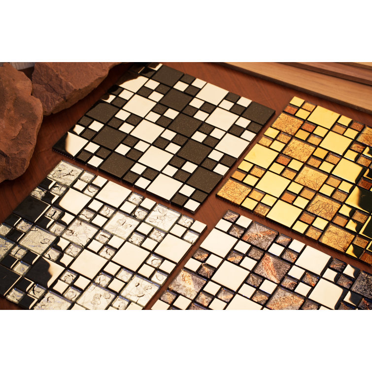 Polished Black and Silver Glass Mosaic Tile Sheet