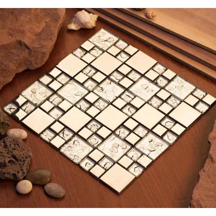 Polished Black and Silver Glass Mosaic Tile Sheet