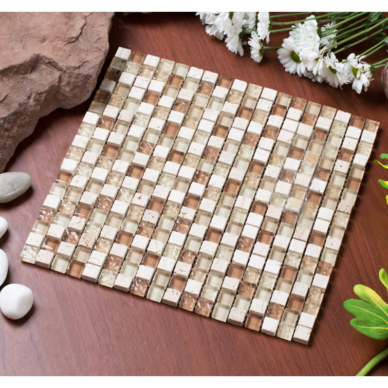 Beige and Natural Stone Glass Mosaic Tile Sheet