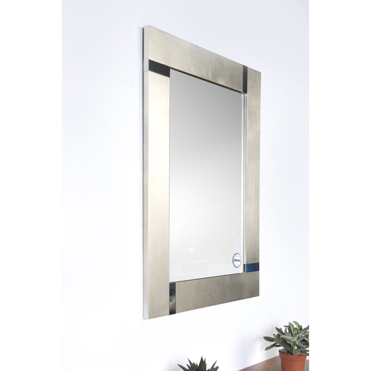 Rectangular Silver Wood Wall Mirror with Chrome Accents