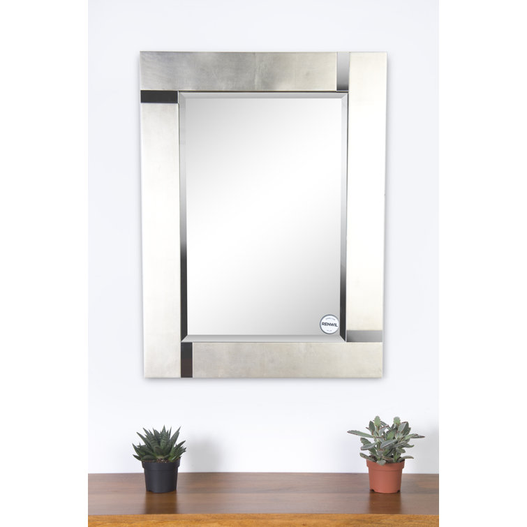 Rectangular Silver Wood Wall Mirror with Chrome Accents