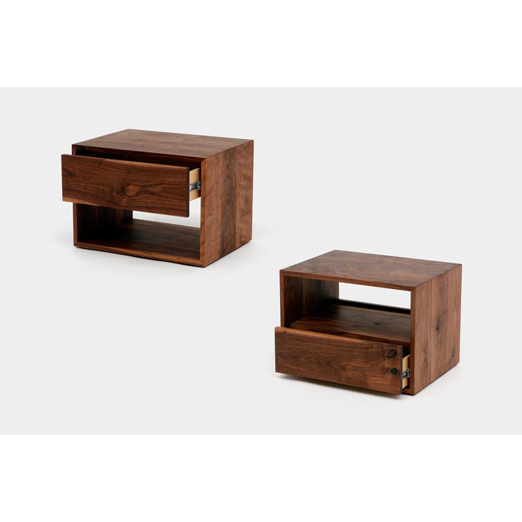 Walnut Solid Wood Nightstand with Drawer and Shelf