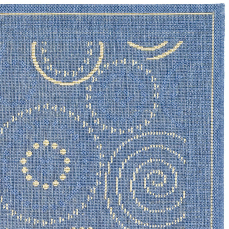 Rectangular 5' x 7' Blue and Natural Cotton Synthetic Rug
