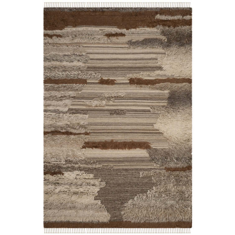 Gray and Brown Hand-Knotted Wool Rectangular Rug, 6' x 9'