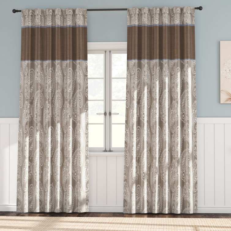 Black Faux Silk Jacquard Light-Filtering Curtain Panel Pair