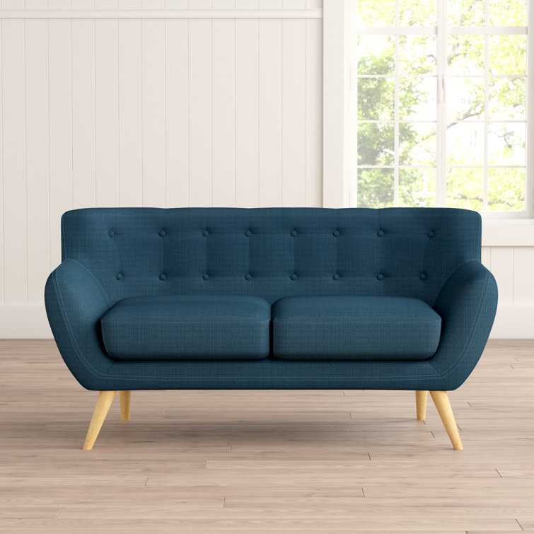 Azure Blue Tufted Fabric Loveseat with Solid Wood Legs