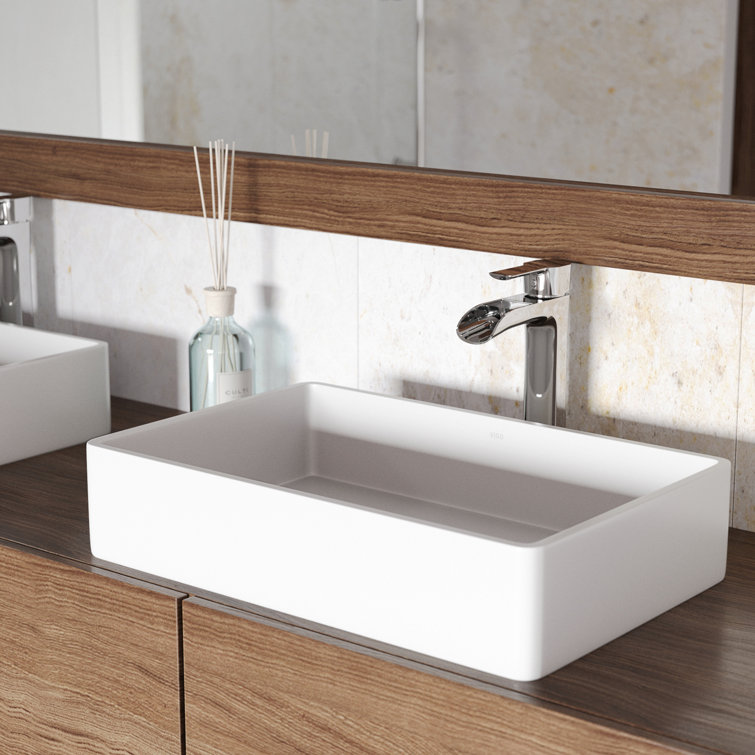 Magnolia 21" White Matte Stone Rectangular Vessel Sink with Chrome Faucet