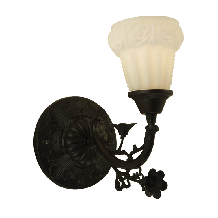 White Satin Art Glass Rose Bronze Wall Sconce