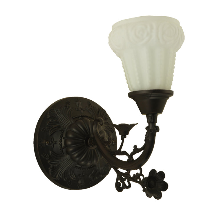 White Satin Art Glass Rose Bronze Wall Sconce