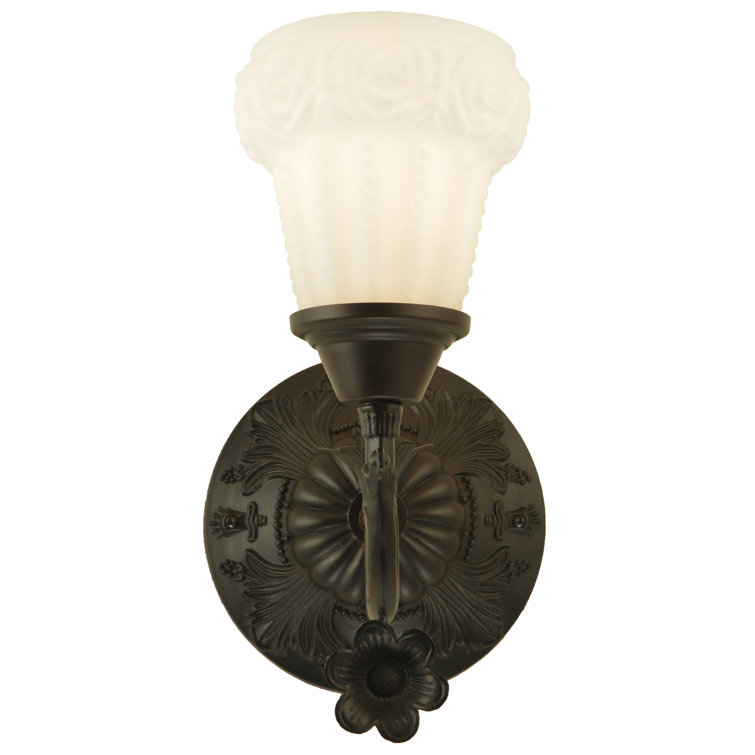 White Satin Art Glass Rose Bronze Wall Sconce