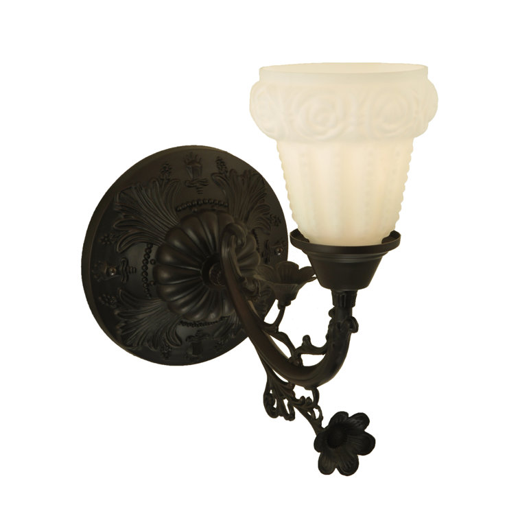 White Satin Art Glass Rose Bronze Wall Sconce