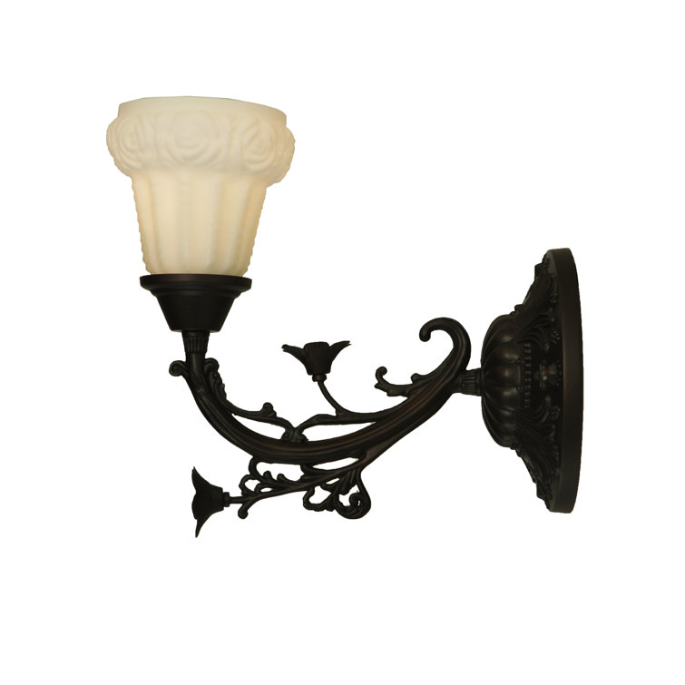 White Satin Art Glass Rose Bronze Wall Sconce
