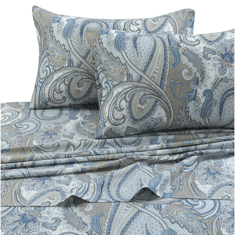 King Blue Paisley Cotton Sateen Deep Pocket Sheet Set