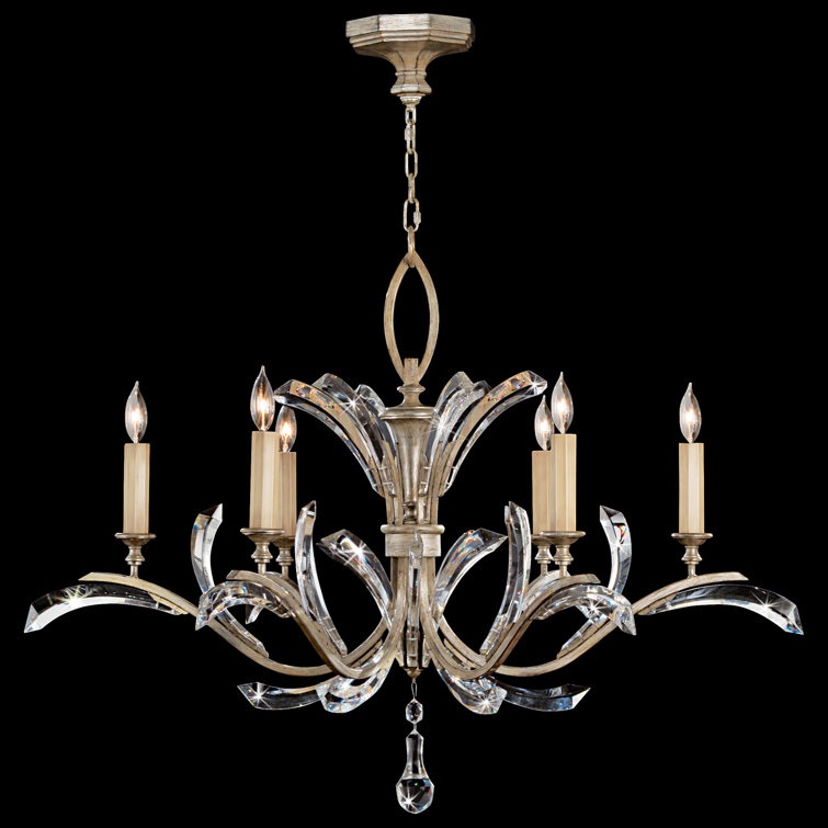Elegant Silver Leaf 6-Light Chandelier with Arcing Beveled Crystals