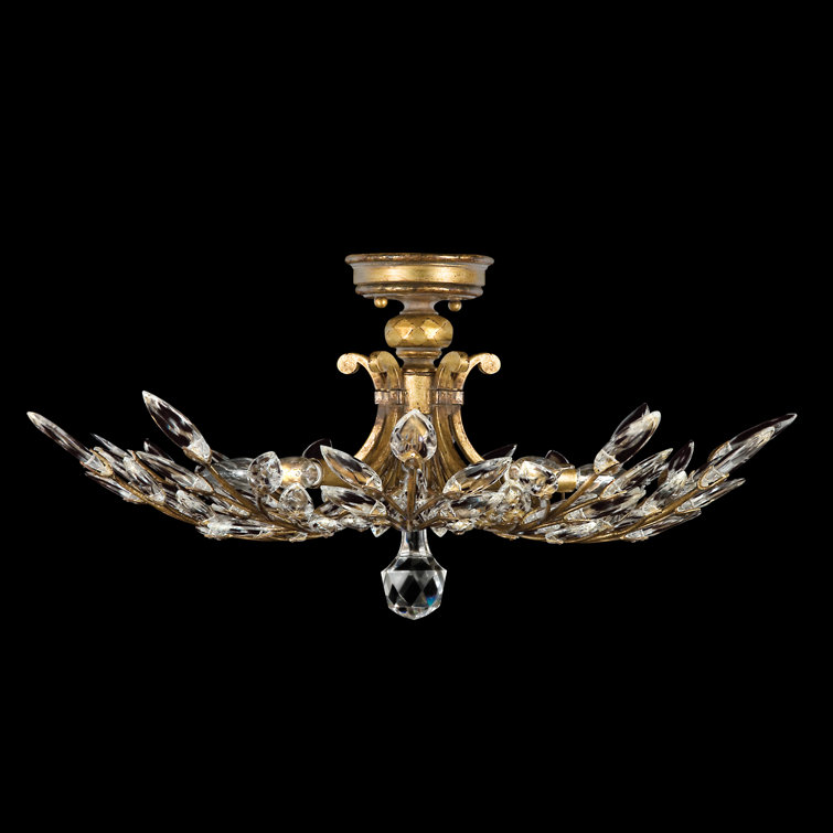 Crystal Laurel Gold Leaf 28" Round Semi Flush Mount with Faceted Leaves