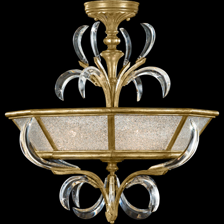 Gold Leaf Crystal Semi-Flush Mount Light Fixture